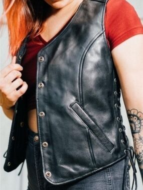 Black Leather Snap-Front Motorcycle Vest
